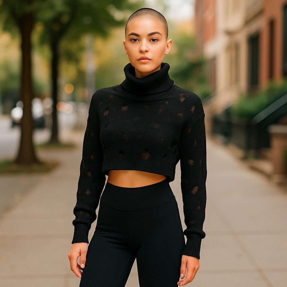Tiger Mist Destroyed Distressed Crop Turtleneck Sweater